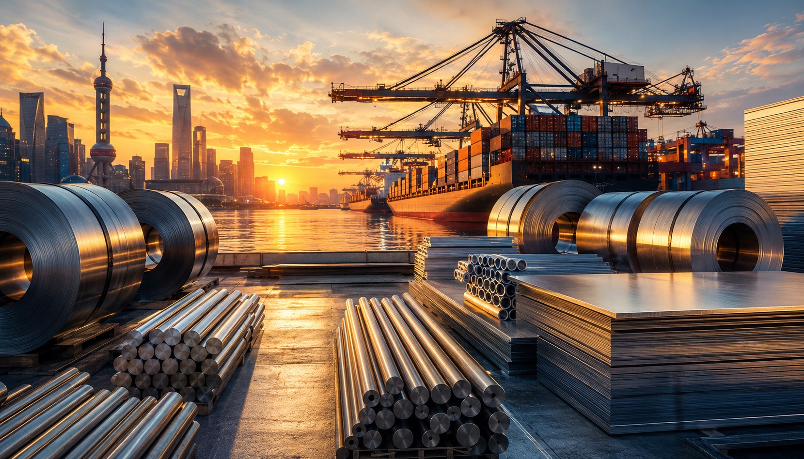 Bobinas, barras e chapas de aço em porto industrial em Xangai ao entardecer
